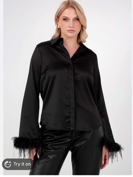 Rachel Zoe Tops - Rachel Zoe Black Satin Button-Front Top with Feather Cuffs